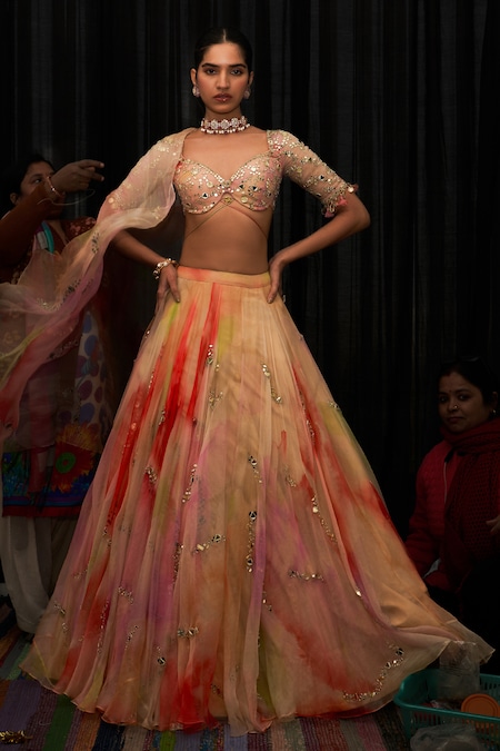 Mahima Mahajan_Multi Color Organza Sequins, Embroidery Sweetheart Habnoor Printed Lehenga Set _Online_at_Aza_Fashions