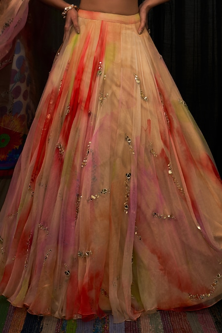 Buy_Mahima Mahajan_Multi Color Organza Sequins, Embroidery Sweetheart Habnoor Printed Lehenga Set _Online_at_Aza_Fashions