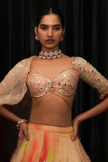 Shop_Mahima Mahajan_Multi Color Organza Sequins, Embroidery Sweetheart Habnoor Printed Lehenga Set _Online_at_Aza_Fashions