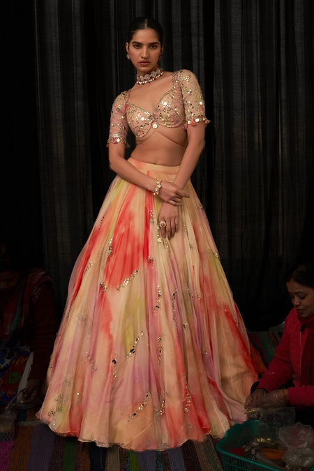 Mahima Mahajan_Multi Color Organza Sequins, Embroidery Sweetheart Habnoor Printed Lehenga Set _at_Aza_Fashions