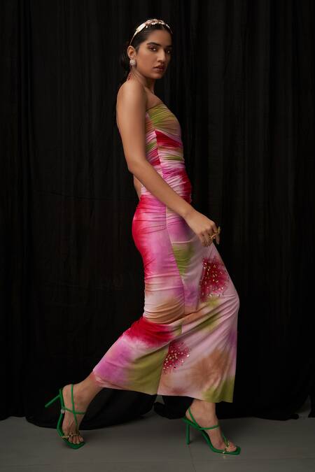 Mahima Mahajan Multi Color Net, Lycra Sequins Bandeau Neck Isha And Alizeh Ruched Bodycon Dress Online at Aza Fashions Mahima Mahajan_Multi Color Net, Lycra Sequins Bandeau Neck Isha And Alizeh Ruched Bodycon Dress _Online_at_Aza_Fashions