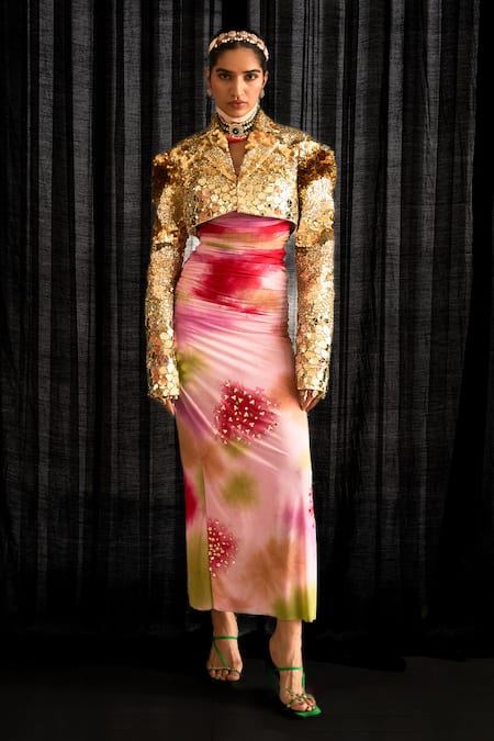 Mahima Mahajan Gold Cotton Moss Embroidered Sequins Lapel Collar Alizeh Jacket 
