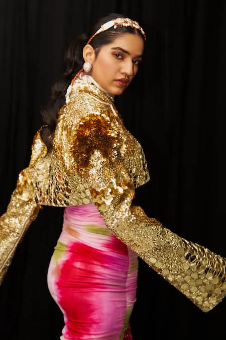 Shop_Mahima Mahajan_Gold Cotton Sequins Collared Alizeh Embroidered Jacket _at_Aza_Fashions