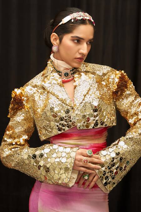 Buy_Mahima Mahajan_Gold Cotton Sequins Collared Alizeh Embroidered Jacket _Online_at_Aza_Fashions