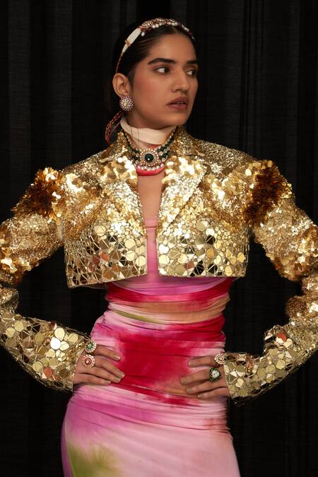Shop_Mahima Mahajan_Gold Cotton Sequins Collared Alizeh Embroidered Jacket _Online_at_Aza_Fashions