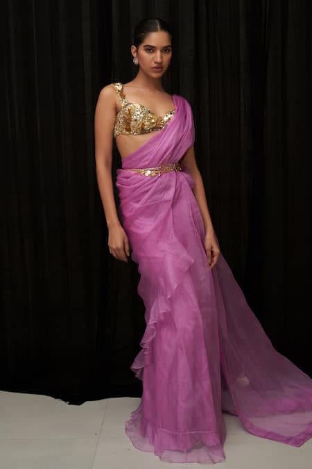 Mahima Mahajan Purple Organza Embroidered Sequins Akira Solid Ruffle Pre-draped Saree Set 