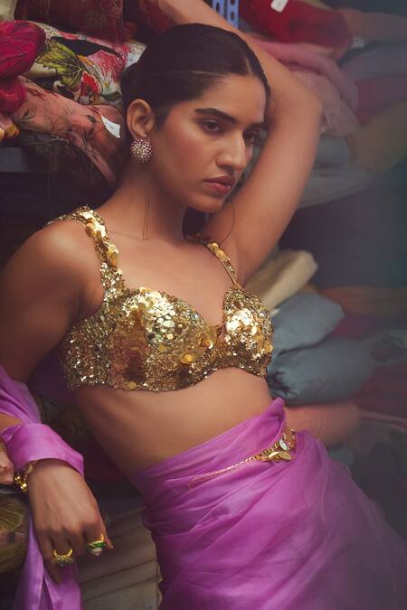 Mahima Mahajan_Purple Akira And Alizeh Embroidered Jacket With Ruffle Pre-draped Saree Set _Online_at_Aza_Fashions