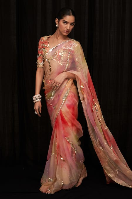 Mahima Mahajan_Multi Color Organza, Kashmala Printed And Embroidered Pre-draped Saree With Blouse _Online_at_Aza_Fashions