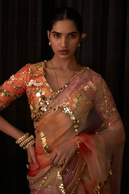 Buy_Mahima Mahajan_Multi Color Organza, Kashmala Printed And Embroidered Pre-draped Saree With Blouse _Online_at_Aza_Fashions