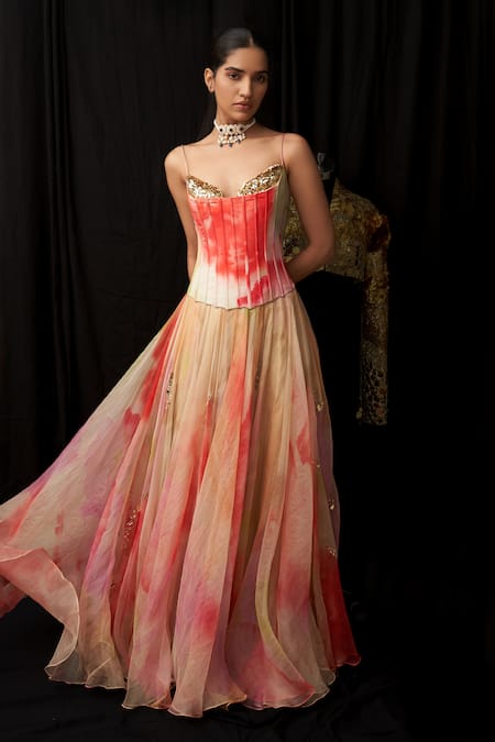 Shop_Mahima Mahajan_Multi Color Organza, Satin Sequins Sweetheart Wakima Rang Print Anarkali Set _Online_at_Aza_Fashions