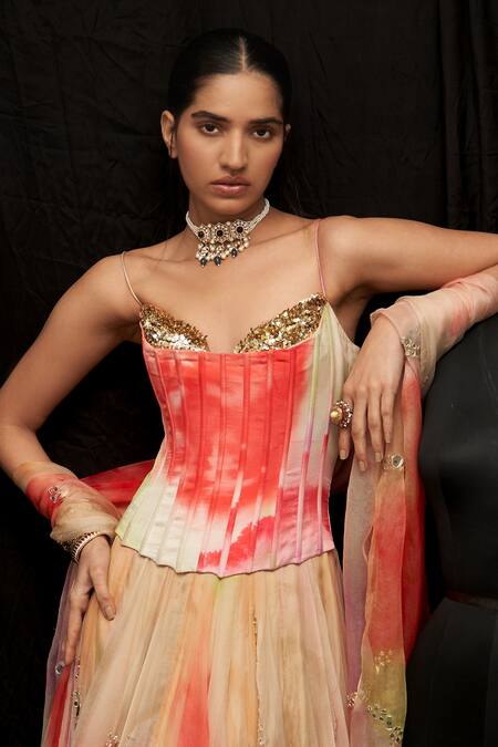 Mahima Mahajan_Multi Color Organza, Satin Sequins Sweetheart Wakima Rang Print Anarkali Set _at_Aza_Fashions