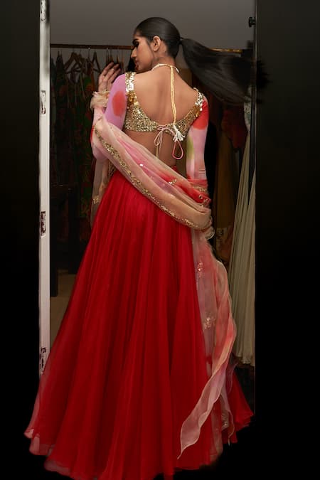 Shop_Mahima Mahajan_Multi Color Organza, Net Sequins Sweetheart Neck Embroidered Lehenga Set _at_Aza_Fashions
