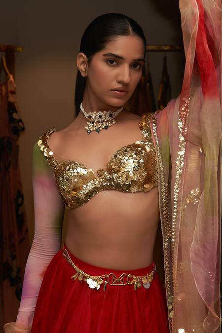 Shop_Mahima Mahajan_Multi Color Organza, Net Sequins Sweetheart Neck Embroidered Lehenga Set _Online_at_Aza_Fashions