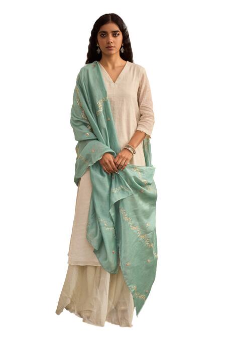 Shop_Apeksha Jain Label_Ivory Chanderi, Tissue Embroidery V-neck Itr Plain Kurta Sharara Set 