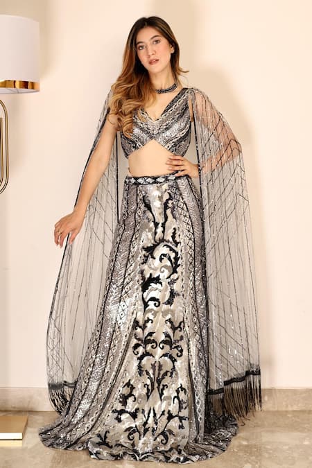 Mehul Gupta Silver Net And Lycra Hand Embroidery Sequins V Neck Abstract Lehenga With Blouse 