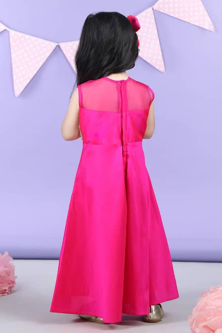 Shop_The Little Celebs_Pink Silk, Crepe Beads, Mirrors Yoke Embellished Jumpsuit _at_Aza_Fashions