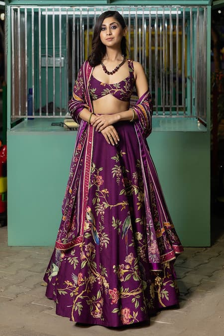 Irrau by Samir Mantri Purple Dupion Printed And Hand Embroidered Tropical Vine Plunge Round Lehenga Set 