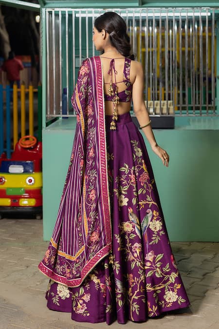 Shop Irrau By Samir Mantri Purple Denim, Chiffon Sequins, Gota Patti, Tropical Vine Print Lehenga Set at Aza Fashions Shop_Irrau By Samir Mantri_Purple Denim, Chiffon Sequins, Gota Patti, Tropical Vine Print Lehenga Set _at_Aza_Fashions