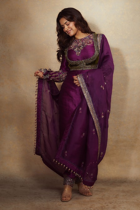 Irrau By Samir Mantri_Purple , Organza, Velvet Cut Work, Sequins, Kurta Set With Bolero _at_Aza_Fashions