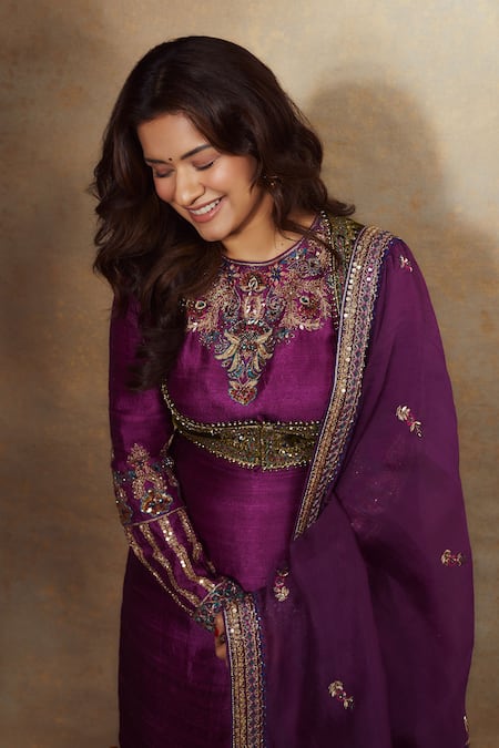 Buy_Irrau By Samir Mantri_Purple , Organza, Velvet Cut Work, Sequins, Kurta Set With Bolero 