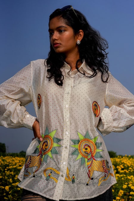 Buy_Label Earthen_Ivory Chanderi Embroidery Collared Printed And Shirt _Online_at_Aza_Fashions