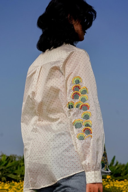 Shop Label Earthen Ivory Chanderi Embroidery Collared And Printed Shirt at Aza Fashions Shop_Label Earthen_Ivory Chanderi Embroidery Collared And Printed Shirt _at_Aza_Fashions
