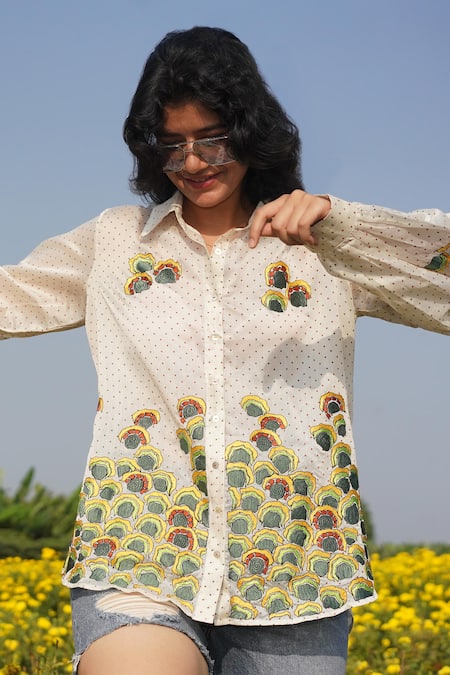 Label Earthen_Ivory Chanderi Embroidery Collared And Printed Shirt _Online_at_Aza_Fashions