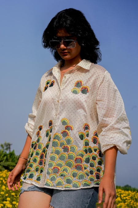Shop Label Earthen Ivory Chanderi Embroidery Collared And Printed Shirt Online at Aza Fashions Shop_Label Earthen_Ivory Chanderi Embroidery Collared And Printed Shirt _Online_at_Aza_Fashions