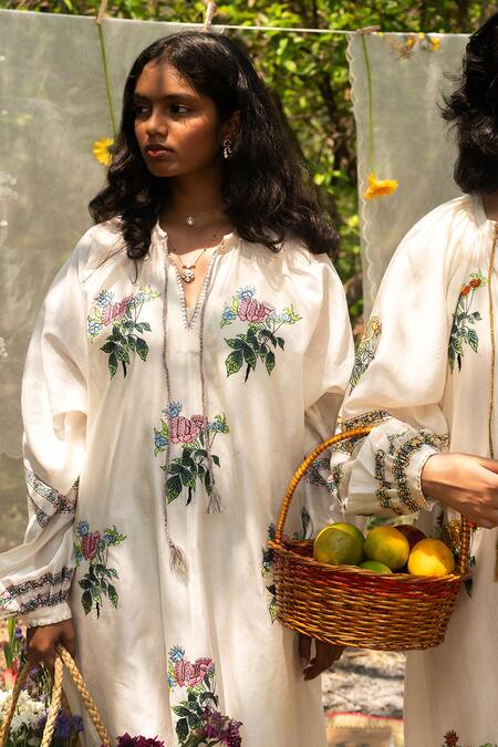 Shop Label Earthen Ivory Chanderi Printed Floral Tunic For Kids Online at Aza Fashions Shop_Label Earthen_Ivory Chanderi Printed Floral Tunic For Kids_Online_at_Aza_Fashions