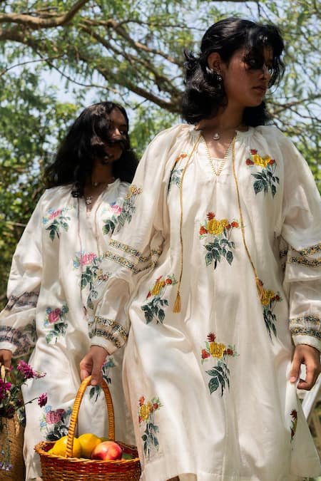 Buy_Label Earthen_Ivory Chanderi Printed Floral Tunic For Kids_Online_at_Aza_Fashions