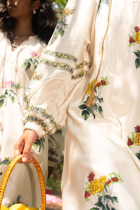 Shop_Label Earthen_Ivory Chanderi Printed Floral Tunic For Kids_Online_at_Aza_Fashions