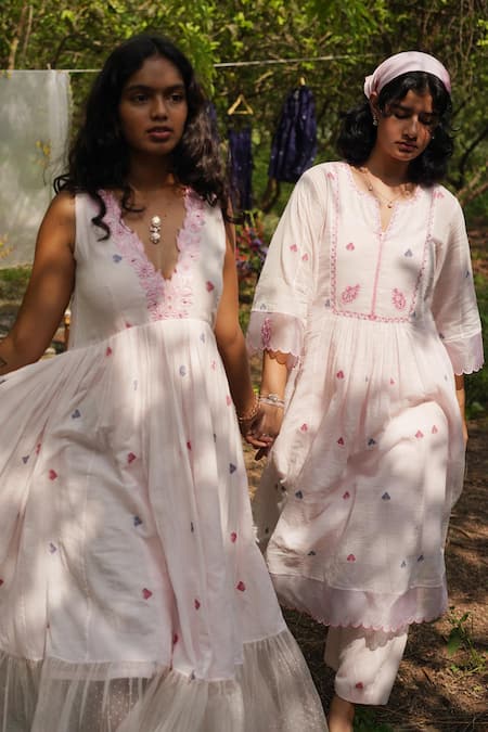 Shop_Label Earthen_Pink Jacquard Embroidery V-neck V Dress _at_Aza_Fashions