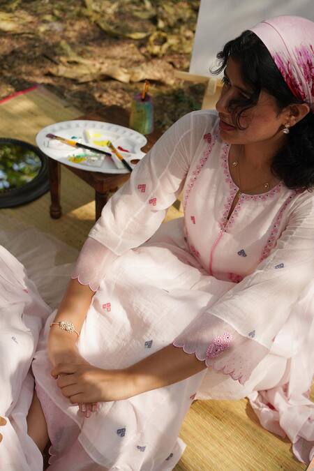 Shop_Label Earthen_Pink Jacquard Embroidery Collared Kurta And Pant Set _Online_at_Aza_Fashions