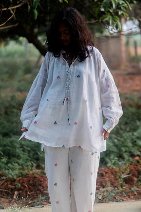 Shop Label Earthen Ivory Jacquard Embroidery Open Neck Top And Pant Set at Aza Fashions Shop_Label Earthen_Ivory Jacquard Embroidery Open Neck Top And Pant Set _at_Aza_Fashions