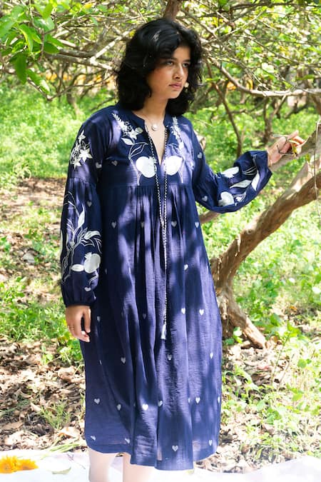 Label Earthen Blue Heart Print Jamdani Tunic For Kids