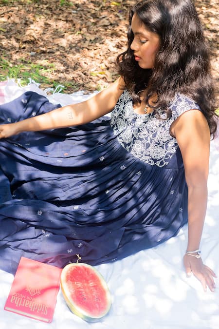 Shop Label Earthen Blue Jacquard Embroidery Round Neck Floral Anarkali at Aza Fashions Shop_Label Earthen_Blue Jacquard Embroidery Round Neck Floral Anarkali _at_Aza_Fashions