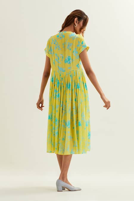 Shop Label Earthen Yellow Viscose, Silk Embroidery V-neck Ursa Floral Pattern Dress at Aza Fashions Shop_Label Earthen_Yellow Viscose, Silk Embroidery V-neck Ursa Floral Pattern Dress _at_Aza_Fashions