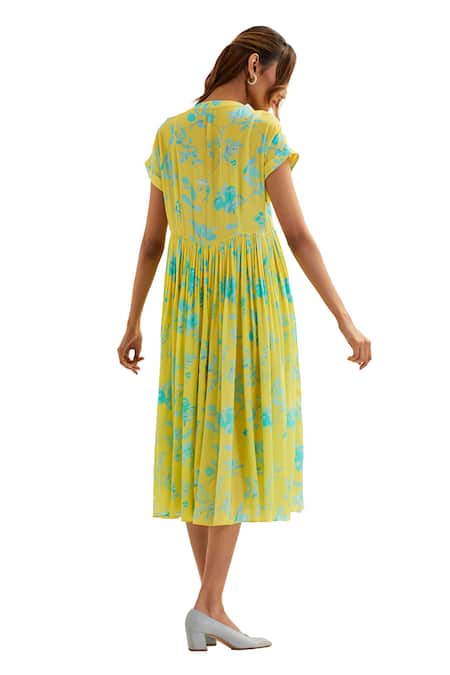 Label Earthen Yellow Viscose, Silk Embroidery V-neck Ursa Floral Pattern Dress Online at Aza Fashions Label Earthen_Yellow Viscose, Silk Embroidery V-neck Ursa Floral Pattern Dress _Online_at_Aza_Fashions