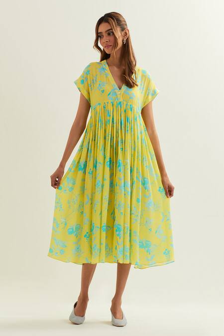 Buy Label Earthen Yellow Viscose, Silk Embroidery V-neck Ursa Floral Pattern Dress Online at Aza Fashions Buy_Label Earthen_Yellow Viscose, Silk Embroidery V-neck Ursa Floral Pattern Dress _Online_at_Aza_Fashions