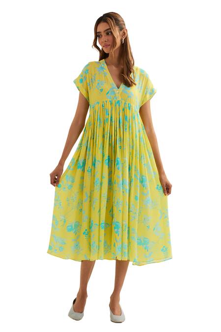 Shop Label Earthen Yellow Viscose, Silk Embroidery V-neck Ursa Floral Pattern Dress Online at Aza Fashions Shop_Label Earthen_Yellow Viscose, Silk Embroidery V-neck Ursa Floral Pattern Dress _Online_at_Aza_Fashions