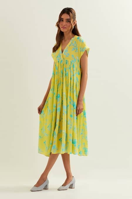 Label Earthen Yellow Viscose, Silk Embroidery V-neck Ursa Floral Pattern Dress at Aza Fashions Label Earthen_Yellow Viscose, Silk Embroidery V-neck Ursa Floral Pattern Dress _at_Aza_Fashions