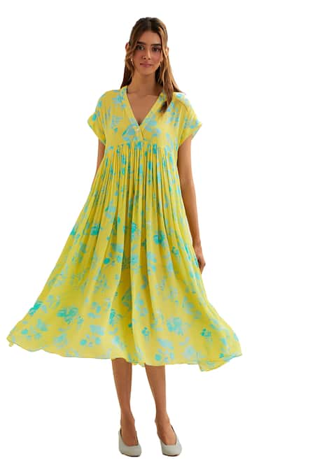 Buy Label Earthen Yellow Viscose, Silk Embroidery V-neck Ursa Floral Pattern Dress Buy_Label Earthen_Yellow Viscose, Silk Embroidery V-neck Ursa Floral Pattern Dress