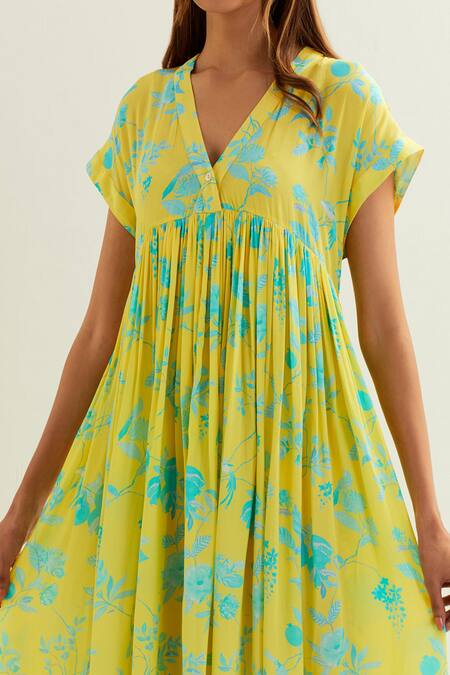 Shop Label Earthen Yellow Viscose, Silk Embroidery V-neck Ursa Floral Pattern Dress Shop_Label Earthen_Yellow Viscose, Silk Embroidery V-neck Ursa Floral Pattern Dress