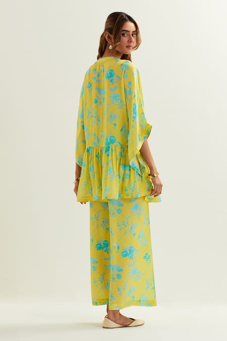 Shop Label Earthen Yellow V-neck Floral Kaftan And Pant Set at Aza Fashions Shop_Label Earthen_Yellow V-neck Floral Kaftan And Pant Set _at_Aza_Fashions