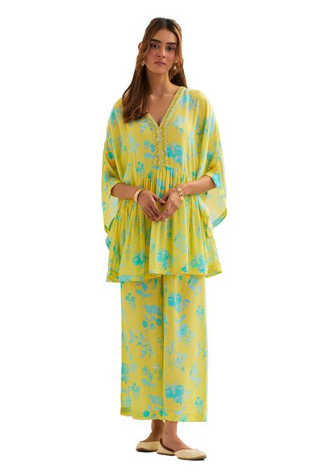 Shop Label Earthen Yellow V-neck Floral Kaftan And Pant Set Online at Aza Fashions Shop_Label Earthen_Yellow V-neck Floral Kaftan And Pant Set _Online_at_Aza_Fashions