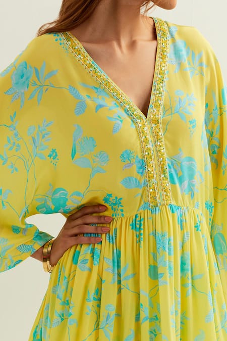 Shop Label Earthen Yellow V-neck Floral Kaftan And Pant Set Shop_Label Earthen_Yellow V-neck Floral Kaftan And Pant Set