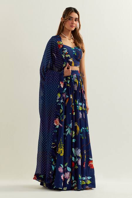 Label Earthen_Blue Organza, Silk Sweetheart Neck Heze Botanic Pattern Lehenga Set _Online_at_Aza_Fashions