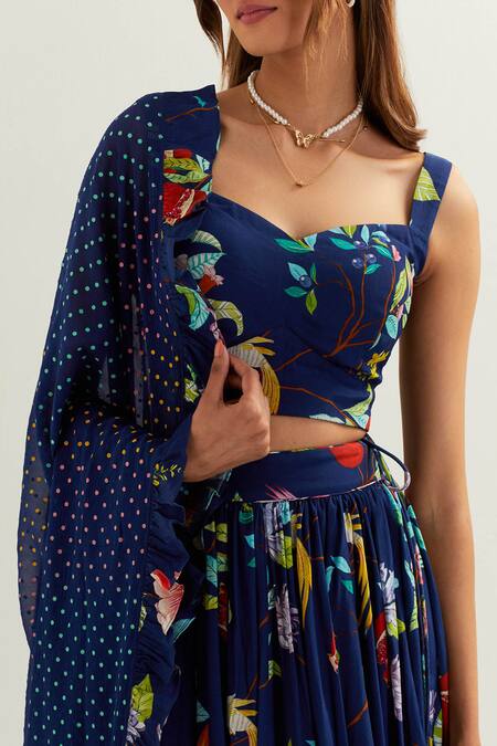 Buy_Label Earthen_Blue Organza, Silk Sweetheart Neck Heze Botanic Pattern Lehenga Set _Online_at_Aza_Fashions