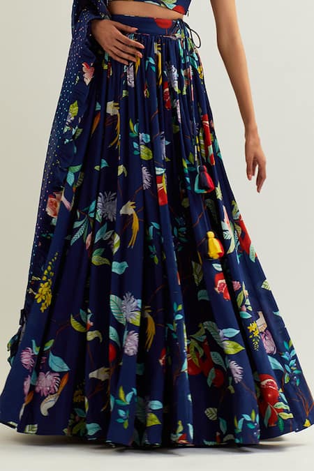 Shop_Label Earthen_Blue Organza, Silk Sweetheart Neck Heze Botanic Pattern Lehenga Set _Online_at_Aza_Fashions