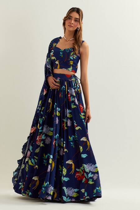 Label Earthen_Blue Organza, Silk Sweetheart Neck Heze Botanic Pattern Lehenga Set _at_Aza_Fashions
